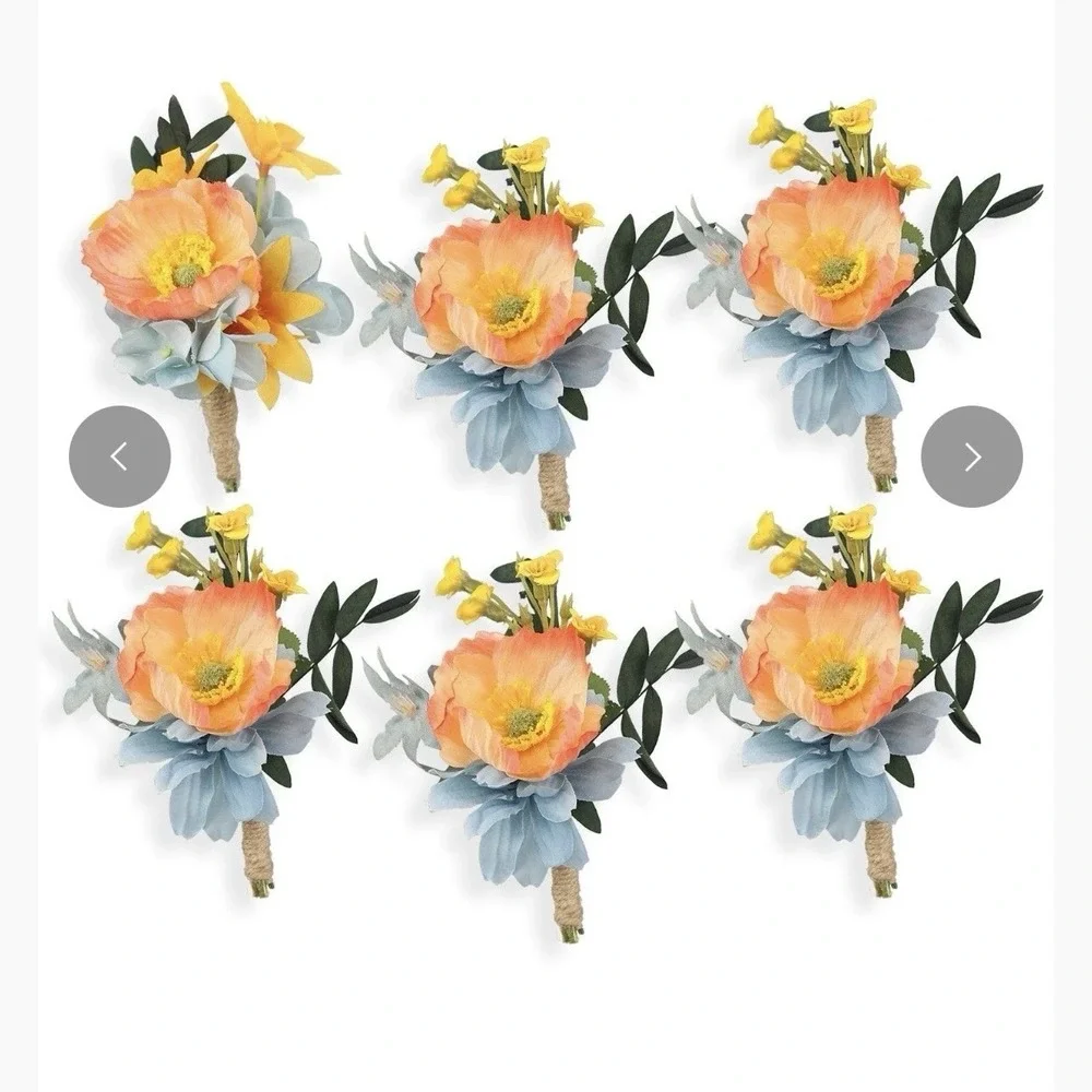 6 Pcs Apricot & Blue Boutonnieres